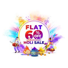 Fototapeta premium Flat 60% off Special Holi sale text with Holi festival background.