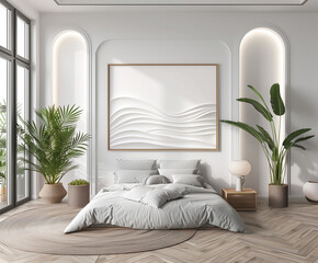 A Modern White Bedroom with Wooden Accents and Tropical Flora in an Artist's Frame