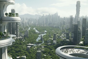 an aerial view of a futuristic city surrounded by trees and mountains