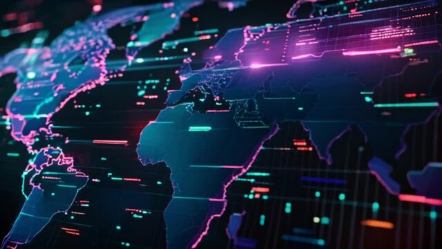 abstract futuristic digital world map and stock market trading forex data on large screen display Generative AI