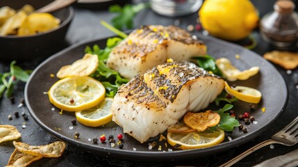 Fillet of fish and salad on a plate - obrazy, fototapety, plakaty