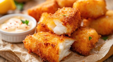 Breaded and fried fish fingers served with remoulade sauce and lemon