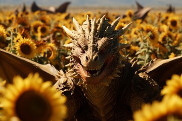 Dragon amid yellow sunflower field, a pollinator of flowering plants