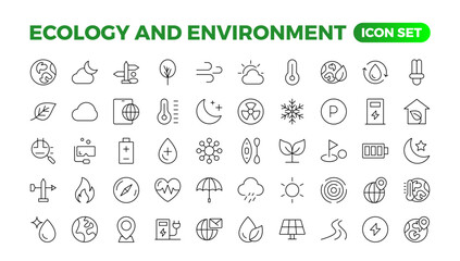 Ecology icon set. Ecofriendly icon, nature icons set.Linear ecology icons. Environmental sustainability simple symbol. Simple Set of  Line Icons.Global Warming, Forests, Organic Farming.