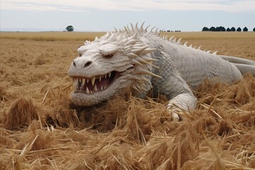 White dinosaur rests on wheat field, surrounded by grass, under sky