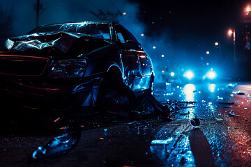 Wrecked car on wet road with emergency lights at night