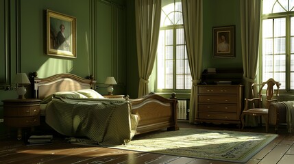 Classic brown and green bedroom - obrazy, fototapety, plakaty