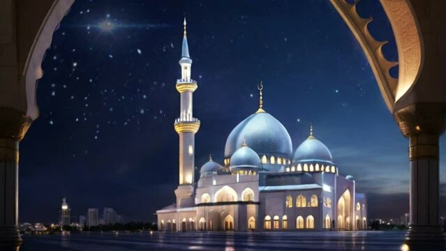 blue mosque at night, seamless looping 4k animation video background 