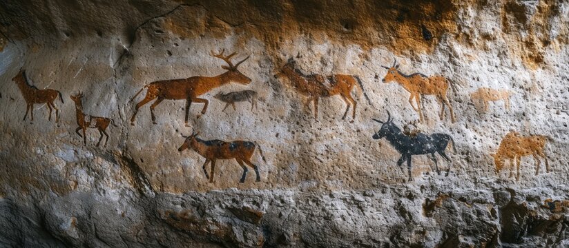 This photo captures a collection of animal images painted on an ancient cave wall, providing archeological evidence of the hunting practices from a bygone era.