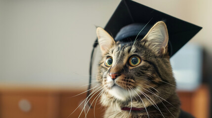 Graduate Cat. Adorable Feline in Graduation Cap. Generative AI.