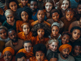 An overhead view of a diverse crowd of people looking directly at the camera