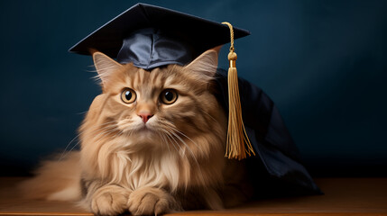 Graduate Cat. Adorable Feline in Graduation Cap. Generative AI.
