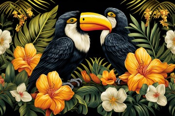 Two hornbills perched on a branch amid colorful tropical flowers and leaves