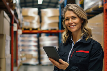 Smiling woman in safety vest using tablet in logistics center