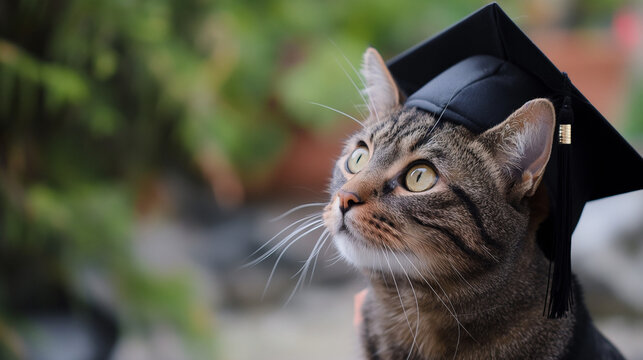 Graduate Cat. Adorable Feline in Graduation Cap. Generative AI.