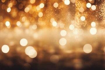 abstract Christmas party background - golden glitter with defocus effect in night shining and bulbs-lights - obrazy, fototapety, plakaty