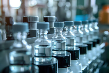 Close-up of medical vaccine bottles on production line
