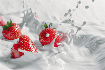 Ripe strawberries falling into splashing milk on pink