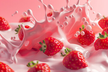 Ripe strawberries falling into splashing milk on pink