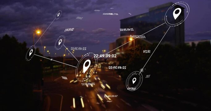 Animation of network of connections with data processing over cityscape