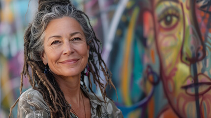 Portrait of joyful mature woman with dreadlocks outdoors