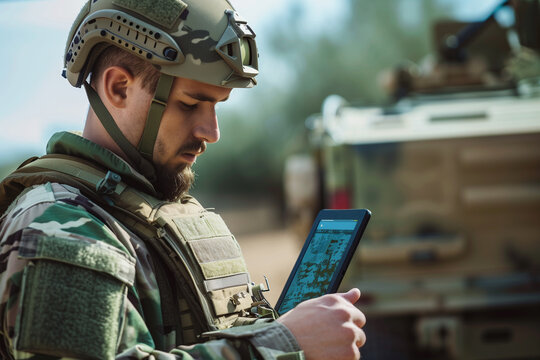 Focused soldier in camouflage gear using a smart device