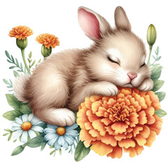 Cute rabbit sleeping on a flower