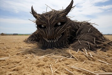 A hay monster rests amidst grass under a cloudy sky in a field