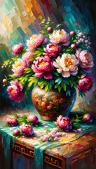the timeless elegance of a peony bouquet in a Ming-era vase through a vivid impasto painting
