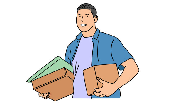 recommend clip art: line art color of delivery man standing with parcel post