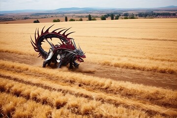 A dragon roams through a vast grassland under the open sky