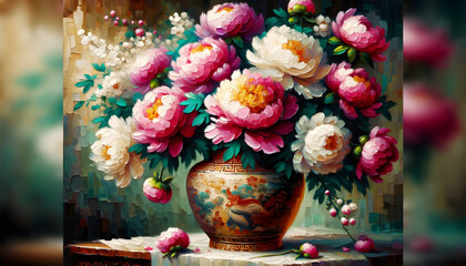 a vivid impasto painting of a peony bouquet in a Ming-era vase, the intricate brushwork and rich texture bring the lush blooms