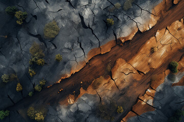 abstract drone view of a 'bite size' chunk of deforestation - obrazy, fototapety, plakaty