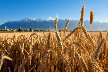 Lush Khorasan wheat field framed by majestic mountains under a clear sky