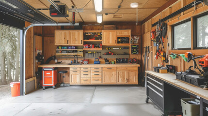 A garage turned woodworking haven with custombuilt cabinets for tool storage a large workbench with builtin power outlets and a designated area for ting and sanding.