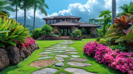 Tropical lush landscapes in Maui Hawaii homes Bald Mountain Volcano, Martinique, Caribbean.