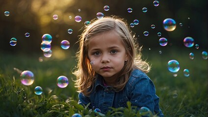 a little girl is in a bubble with bubbles around her