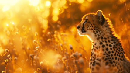 An AI generative image of cheetah at the bush during golden hour - obrazy, fototapety, plakaty