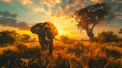 Foto op Plexiglas An AI generative image of elephant in the jungle during sunset. © NajmiArif