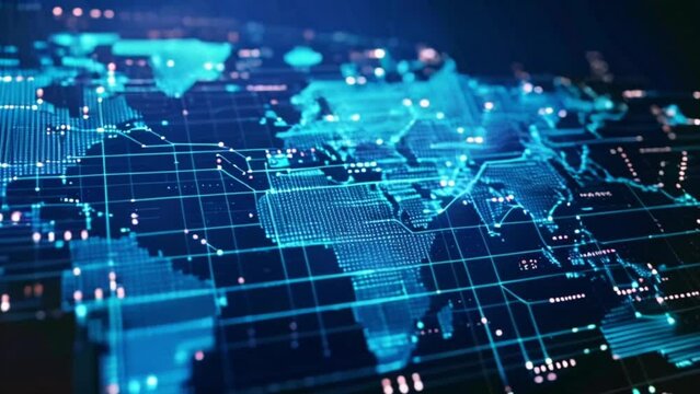 blue digital world map and stock market forex data on large screen display Generative AI