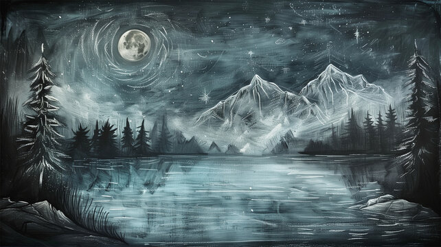 An AI generative image of chalk art lake, mountain and moon during dark night