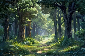 Fototapeta na wymiar Beautiful fantasy landscape with a path in the forest. illustration