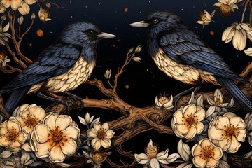 Two birds perched on a branch amidst blooming flowers