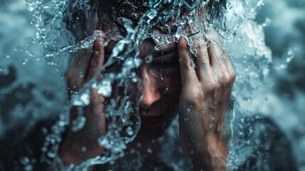Intense splash of water over man's face.