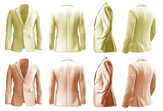 2 Set of pastel light yellow orange, front back side view, business collar suit blazer jacket coat on transparent background cutout, PNG file. Mockup template for artwork graphic design