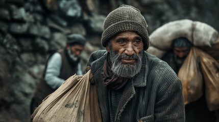 Weathered worker with a heavy burden.