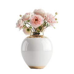Round shape vase with flowers Gold and white, realistic photo, pure white background, solid color fill, simple color scheme, clean and atmospheric isolated PNG