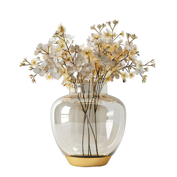 recommend clip art: Round shape vase with flowers Gold and white, realistic photo, pure white background, solid color fill, simple color scheme, clean and atmospheric isolated PNG