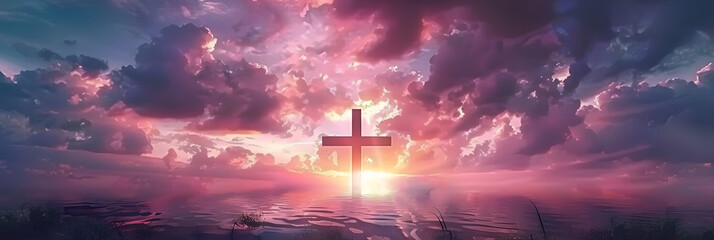 Fototapeta premium Cross of Jesus Christ on sunset sky background. Christian religion concept.