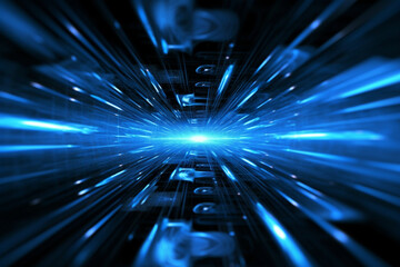 abstract futuristic technology neon blue urban computer network light fractal high speed network futuristic technology motion blured on black background